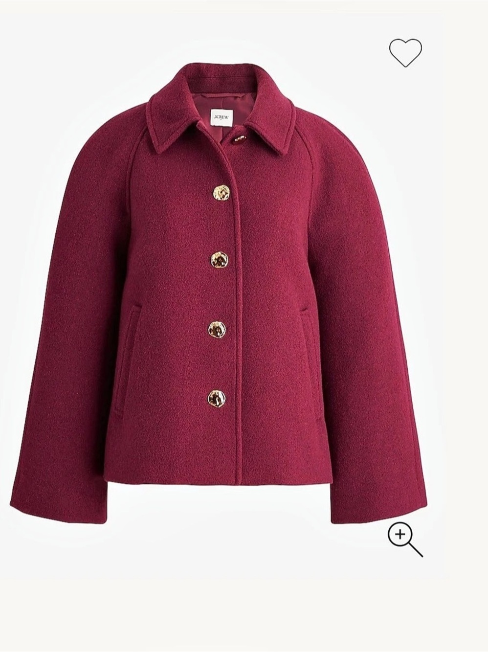 NWT J.Crew Factory Cropped Wool Blend Swing Coat Burgundy L $298 Retail Value